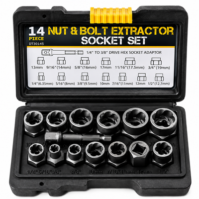 The 14PCS extractor socket set in its carrying case with size chart