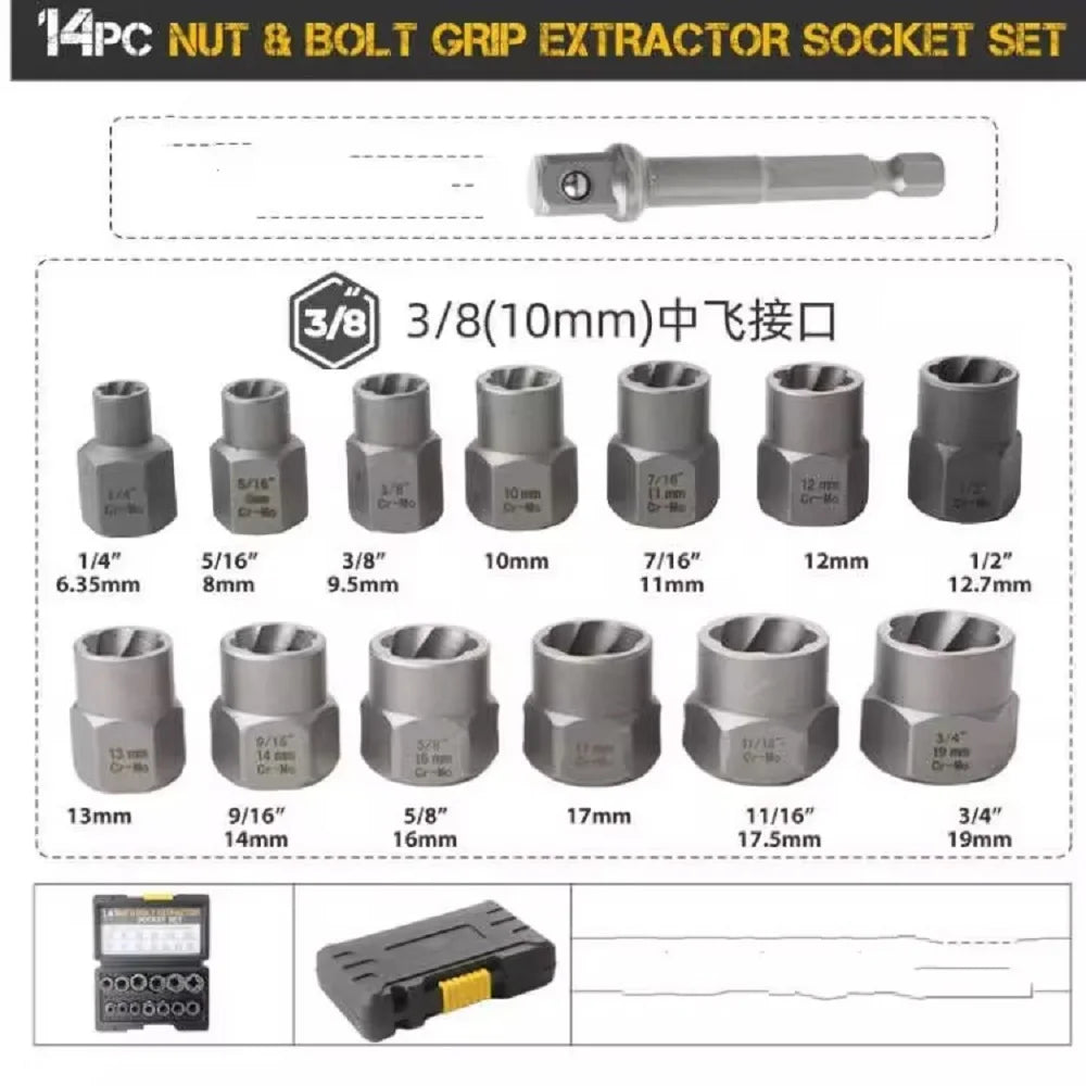 14pcs Stripped Bolt Extractor Set Bolt Remover Set Damaged Bolt Removal Tool for Damaged Frozen Studs Rusted Rounded-Off