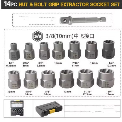 14pcs Stripped Bolt Extractor Set Bolt Remover Set Damaged Bolt Removal Tool for Damaged Frozen Studs Rusted Rounded-Off