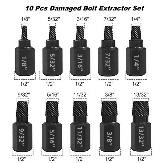 Modnestic 10PCS damaged bolt extractor set, ten sizes from 1/8 to 13/32 inch on 1/2 inch hex bodies