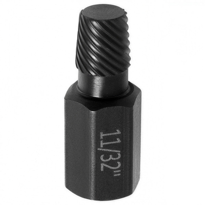 Close-up of a single extractor bit showing the reverse spiral flutes