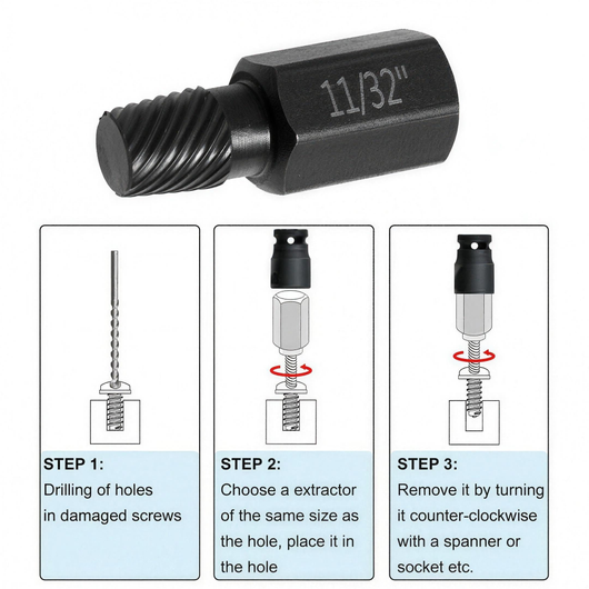 Extractor bit shown next to a damaged bolt